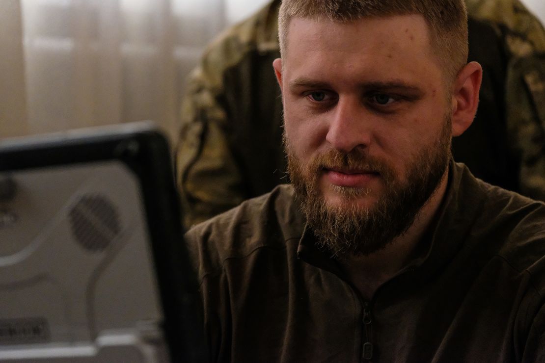 Andrii Pidlisnyi, 28, reviews some of the footage he and his unit recorded while carrying out reconnaissance missions beyond enemy lines in Kherson.