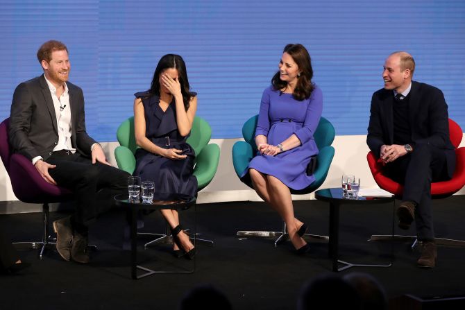 Harry and Meghan join Prince William and Catherine, Duchess of Cambridge, during a Royal Foundation Forum in February 2018.