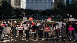 A rally against State Senate Bill 147, the bill that would ban Chinese citizens from buying real estate in Texas, outside City Hall in Houston on January 23.