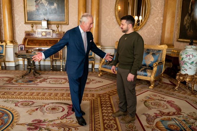 The King meets Ukrainian President Volodymyr Zelensky, who was visiting Buckingham Palace in February 2023. Zelensky <a href="https://www.cnn.com/2023/02/08/europe/zelensky-visit-uk-intl-gbr/index.html" target="_blank">made a surprise visit to the UK</a> and gave a speech to the joint houses of Parliament.