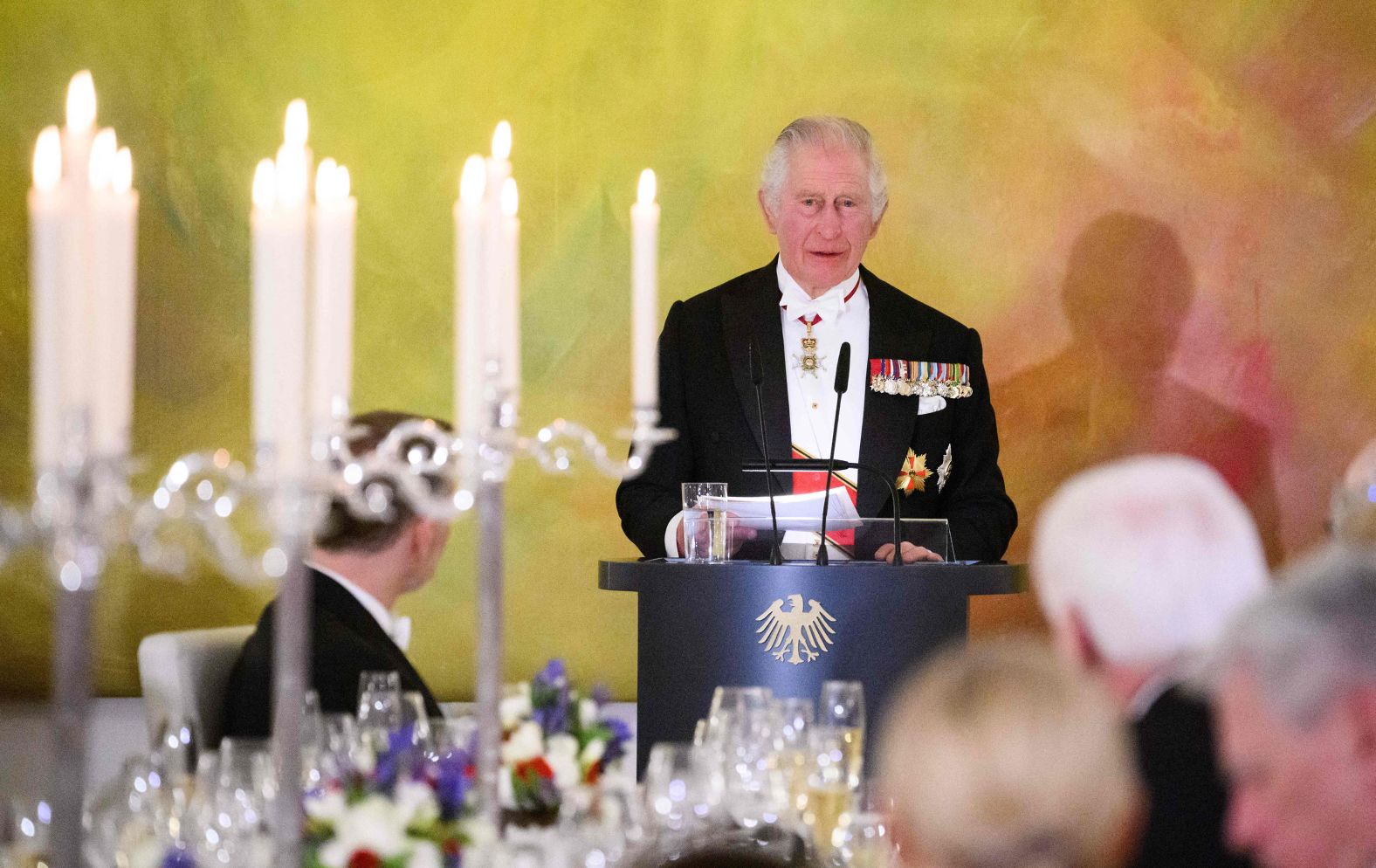 The King speaks to guests at a state banquet that was held at the Bellevue Palace in Berlin on Wednesday.