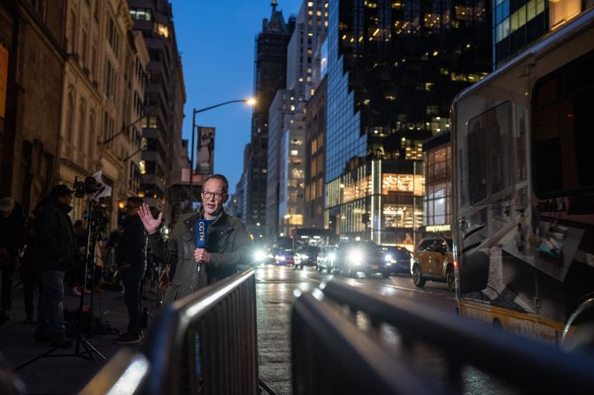 News crews broadcast near Trump Tower on April 3, 2023.