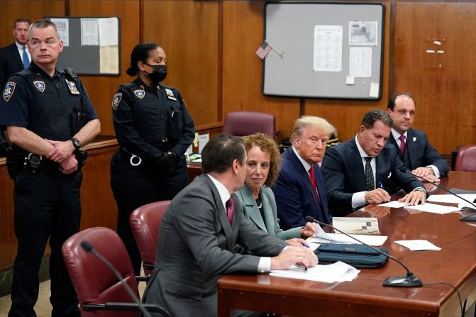 Trump sits with his defense team at his arraignment in New York in April 2023. The former president <a href="http://www.cnn.com/2023/03/31/politics/gallery/trump-indictment/index.html" target="_blank">pleaded not guilty</a> to 34 felony criminal charges of falsifying business records. It was the first time in history that a current or former US president had been criminally charged. He was convicted in May 2024.