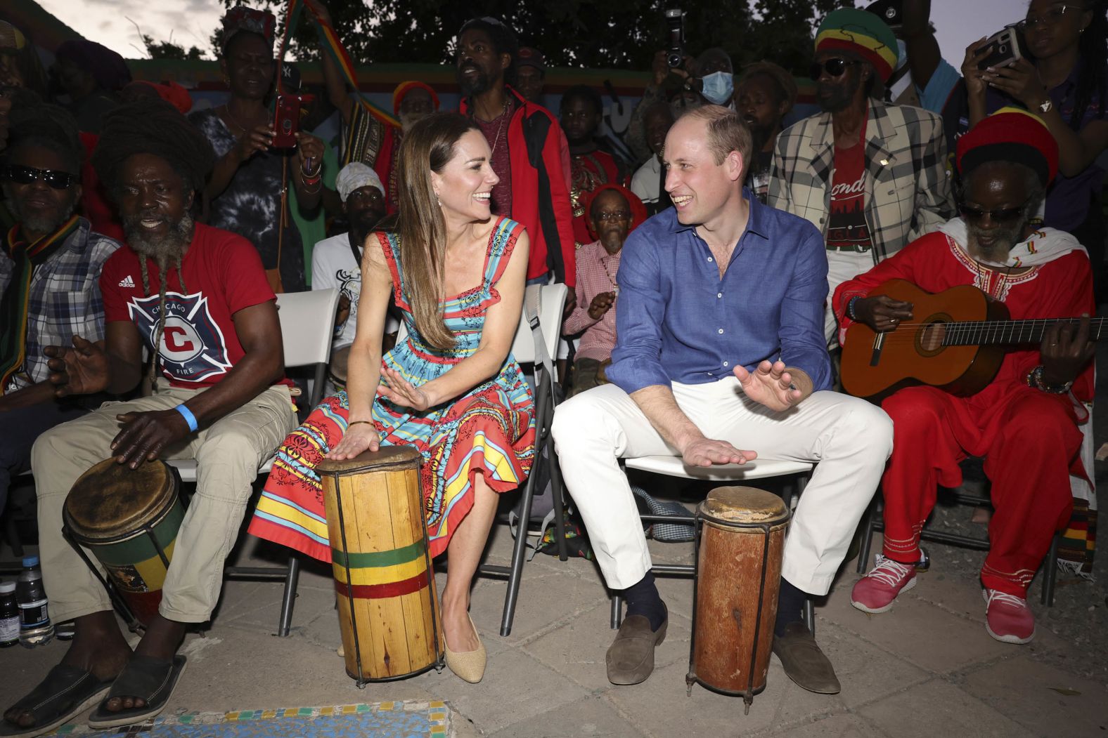 William and Catherine play drums while visiting the Trench Town Culture Yard Museum in Kingston, Jamaica, in March 2022. They were on a royal tour of the Caribbean.