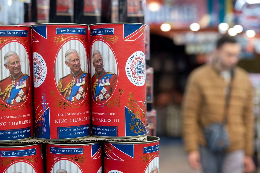 Coronation merchandise on sale in a souvenir shop in London on April 20, 2023.