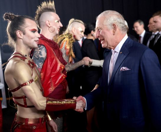 The King greets the band Lords of The Lost during a reception in Hamburg, Germany, in March 2023. The King spent three days in Germany for what was <a href="https://www.cnn.com/2023/03/29/europe/gallery/king-charles-visits-germany/index.html" target="_blank">his first overseas state visit as monarch</a>.