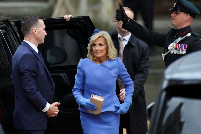 Jill Biden, first lady of the United States, arrives at Westminster Abbey. Biden, <a href="https://www.cnn.com/uk/live-news/king-charles-iii-coronation-ckc-intl-gbr/h_054e67e7c5ebf898814c9b3c1126fb9f" target="_blank">who led the US delegation</a>, traveled with her granddaughter Finnegan Biden.