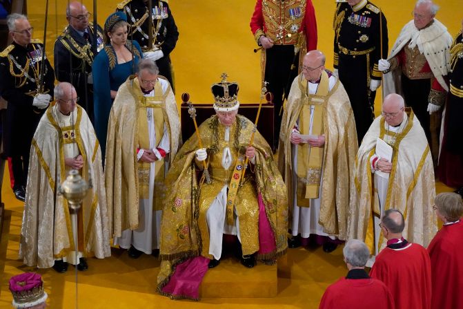 Charles receives the St. Edward's Crown during his <a href="http://www.cnn.com/2023/05/06/uk/gallery/coronation-king-charles/index.html" target="_blank">coronation ceremony </a>at Westminster Abbey in May 2023.