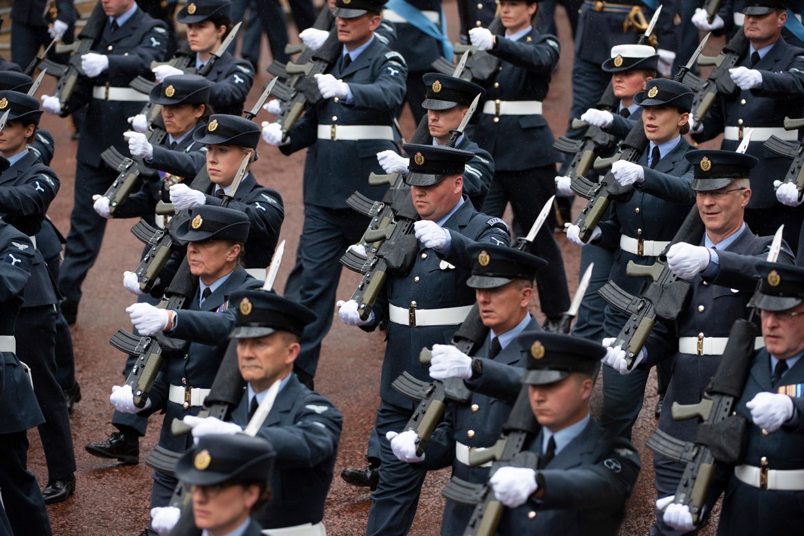 Troops march in London ahead of the coronation ceremony.