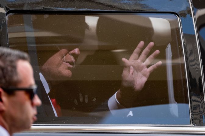 Trump waves to supporters as his motorcade leaves a federal courthouse in Miami in June 2023. Special counsel Jack Smith brought charges against Trump in a case <a href="https://www.cnn.com/2023/06/08/politics/trump-indictment-truth-social-classified-documents/index.html" target="_blank">alleging mishandling of classified documents</a>. Trump pleaded not guilty.