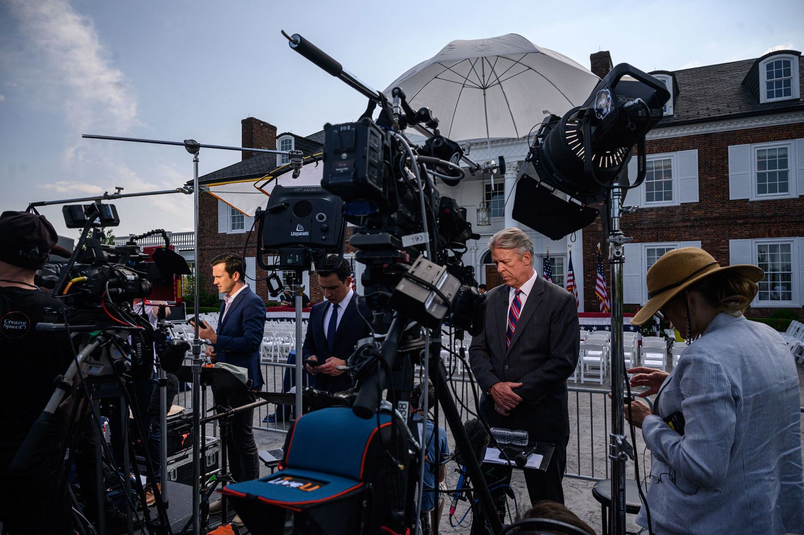 Members of the media set up in Bedminster ahead of Trump's speech on June 13.