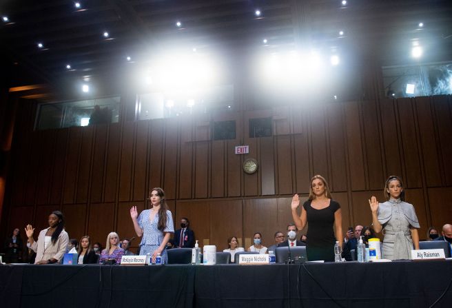 From left, Biles, McKayla Maroney, Maggie Nichols and Aly Raisman are sworn in to testify before the Senate Judiciary Committee in September 2021. They <a href="https://www.cnn.com/2021/09/15/politics/gymnasts-senate-judiciary-committee-larry-nassar-hearing/index.html" target="_blank">sharply criticized</a> how FBI agents handled the sexual abuse allegations against Larry Nassar, the former USA Gymnastics team doctor now serving a long prison sentence.