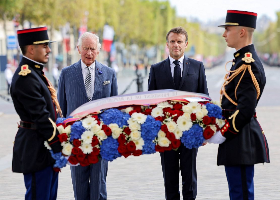 King Charles and French President Emmanuel Macron began the state visit with a wreath-laying ceremony at the Tomb of the Unknown Soldier.