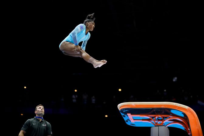 Biles lands a Yurchenko double pike vault — a high-difficulty skill historically only done by men — while qualifying for the women's all-around competition at the World Artistic Gymnastics Championships in October 2023. It was <a href="https://www.cnn.com/2023/10/01/sport/simone-biles-world-gymnastics-championships-qualifying-spt-intl/index.html" target="_blank">the first time a woman landed the move in an international competition</a>.