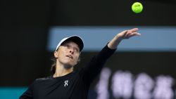 BEIJING, CHINA - OCTOBER 08: Iga Swiatek of Poland serves during the Women's Singles final match against Liudmila Samsonova day 13 of the 2023 China Open at National Tennis Center on October 08, 2023 in Beijing, China. (Photo by Emmanuel Wong/Getty Images)