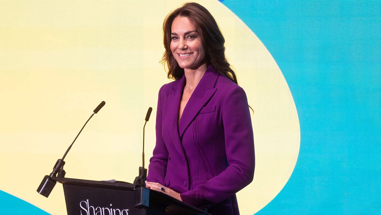 Britain's Catherine, Princess of Wales delivers a key note speech during the "Shaping Us" National Symposium at The Design Museum, in London, on November 15, 2023. The event brings together cross-disciplinary leaders, child and adult specialists, and global thinkers for the first time to consider how we grow, think, and behave throughout life, in order to build resilience for the future. (Photo by Richard Pohle / POOL / AFP) (Photo by RICHARD POHLE/POOL/AFP via Getty Images)