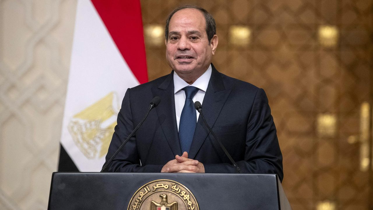 Egypt's president Abdul Fatah El-Sisi talks to the press after a meeting at the Palace in Cairo, part of a visit of both Belgian and Spanish Prime Ministers (incoming and outgoing presidency of Europe) to Egypt, in Cairo, Friday 24 November 2023. The two heads of government have visited Israel and Palestine yesterday, to hold talks with political leaders on the war in Gaza. In Egypt, Sanchez and De Croo will meet the Egyptian president and visit the border crossing to the Gaza strip in Rafah.
BELGA PHOTO NICOLAS MAETERLINCK - SPAIN OUT - (Photo by NICOLAS MAETERLINCK / BELGA MAG / Belga via AFP) (Photo by NICOLAS MAETERLINCK/BELGA MAG/AFP via Getty Images)