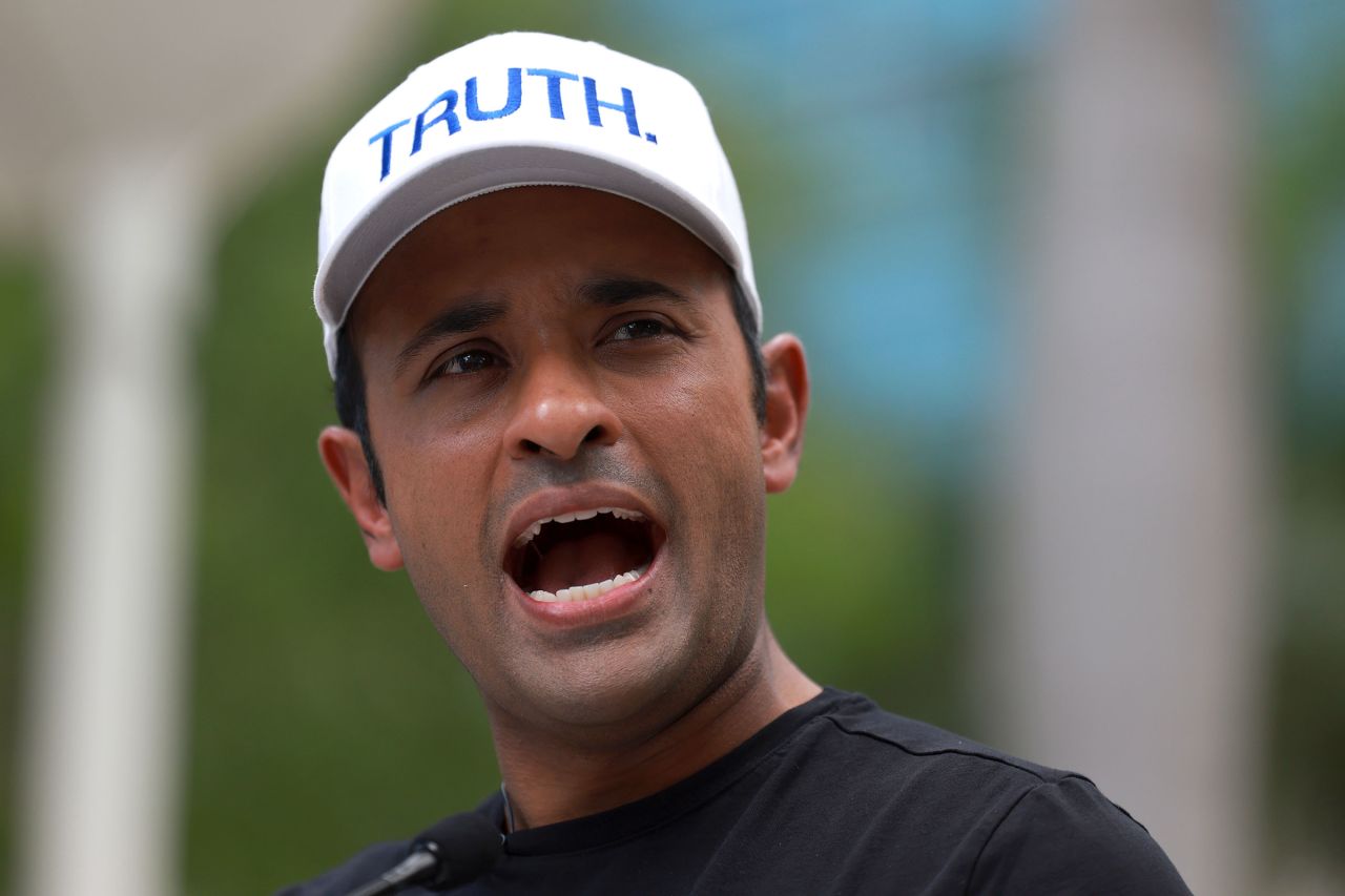 Republican presidential candidate Vivek Ramaswamy discusses a FOIA request regarding former President Donald Trump's indictment outside of the Wilkie D. Ferguson Jr. United States Federal Courthouse where Trump is scheduled to be arraigned later in the day on June 13 in Miami, Florida. 
