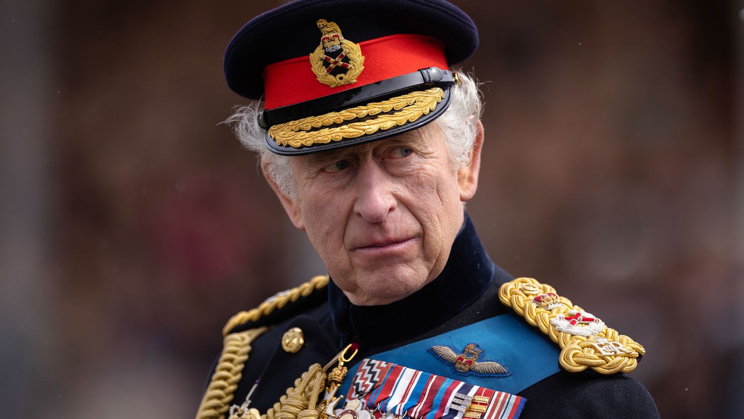 CAMBERLEY, ENGLAND - APRIL 14: King Charles III inspects the 200th Sovereign's parade at Royal Military Academy Sandhurst on April 14, 2023 in Camberley, England. The parade marks the end of 44 weeks of training for 171 Officer Cadets. It is the first time King Charles III has inspected Sovereign's Parade at Sandhurst since becoming Monarch. (Photo by Dan Kitwood/Getty Images)