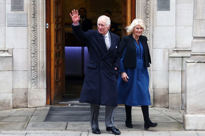 The King waves as he leaves the London Clinic with Queen Camilla in January 2024. The King <a href="https://www.cnn.com/2024/01/26/uk/king-charles-iii-hospital-prostate-procedure-intl/index.html" target="_blank">underwent a corrective procedure for an enlarged prostate</a>, CNN understands. In early February, Buckingham Palace announced that the King <a href="https://www.cnn.com/2024/02/05/europe/uk-royal-announcement-gbr-intl/index.html" target="_blank">has been diagnosed with a form of cancer</a>.