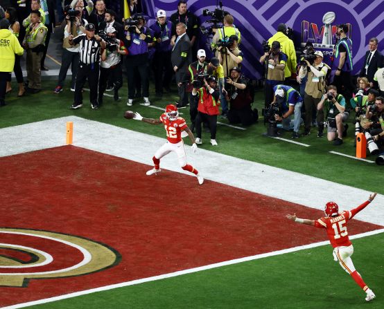 Mahomes, bottom right, runs toward Hardman after the last play. 