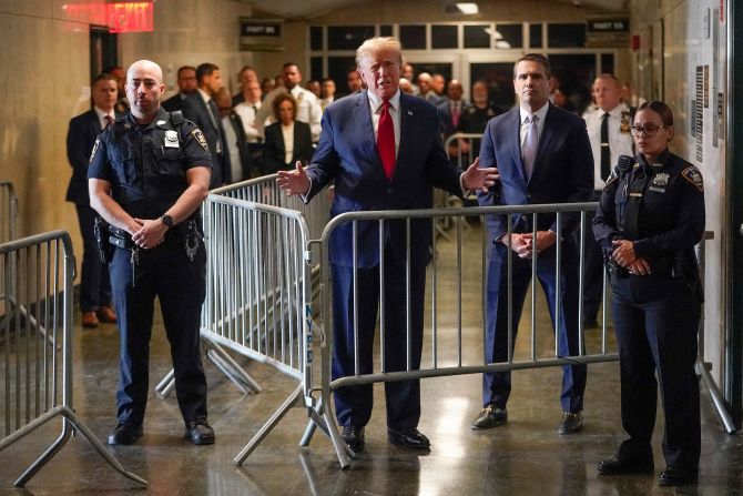 Trump speaks before entering the courtroom on February 15. "This is not a crime," <a href="https://www.cnn.com/politics/live-news/trump-hearings-ny-georgia/h_4e1d4ddd01b2853ca32b0036f2ca9ead" target="_blank">he told reporters in the courthouse hallway</a>. He added that he'd rather spend his time campaigning than in courtrooms: "We want delays, obviously I'm running for election."