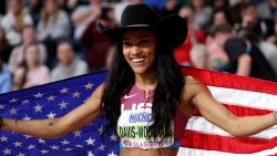 GLASGOW, SCOTLAND - MARCH 03: Gold medalist Tara Davis-Woodhall of Team United States poses for a photo after winning in the Woman's Long Jump Final on Day Three of the World Athletics Indoor Championships Glasgow 2024 at Emirates Arena on March 03, 2024 in Glasgow, Scotland. (Photo by Michael Steele/Getty Images)