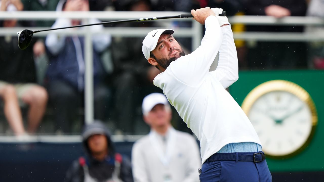 Scottie Scheffler hits his tee shot on the 10th hole during the second round of the PGA Championship at Valhalla Golf Club on Friday, May 17, 2024 in Louisville, Kentucky. 