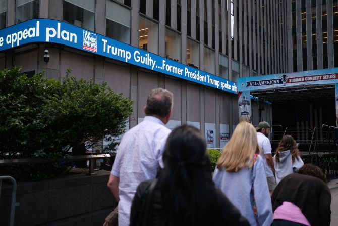 A news board displaying Trump's conviction is seen at Fox News in New York on May 30.