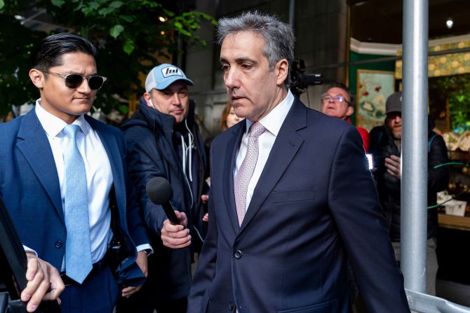 Michael Cohen, Trump's former personal attorney, leaves his apartment building in New York on his way to court on May 13. <a href="https://www.cnn.com/politics/live-news/trump-hush-money-trial-05-16-24/index.html" target="_blank">Cohen testified</a> that Trump directed him to pay hush money to Stormy Daniels in the final days of the 2016 presidential campaign.