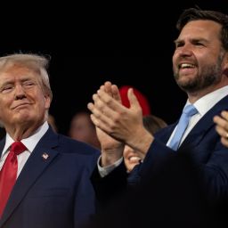 Former President Trump, left, looks at his running mate Sen. JD Vance at the 2024 Republican National Convention hosted at the Fiserv Forum in Milwaukee, Wisconsin, on July 15, 2024. (Will Lanzoni/CNN)