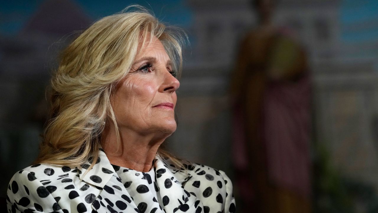First lady Jill Biden waits to speak at the Library of Congress in April.
