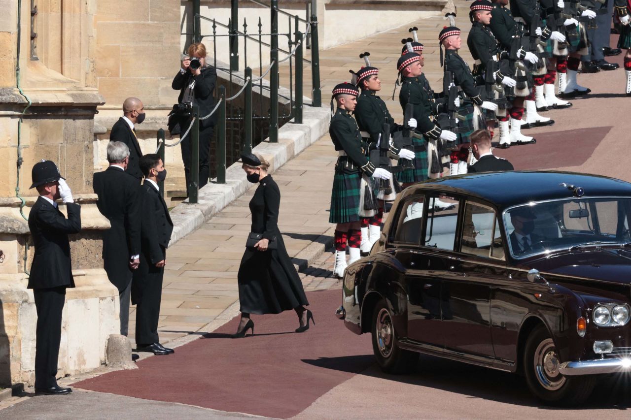 Britain's Sophie, Countess of Wessex arrives for the funeral service.