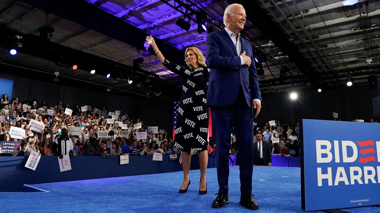 President Joe Biden and first lady Jill Biden leave the stage during a campaign rally in Raleigh, North Carolina, on Friday. 