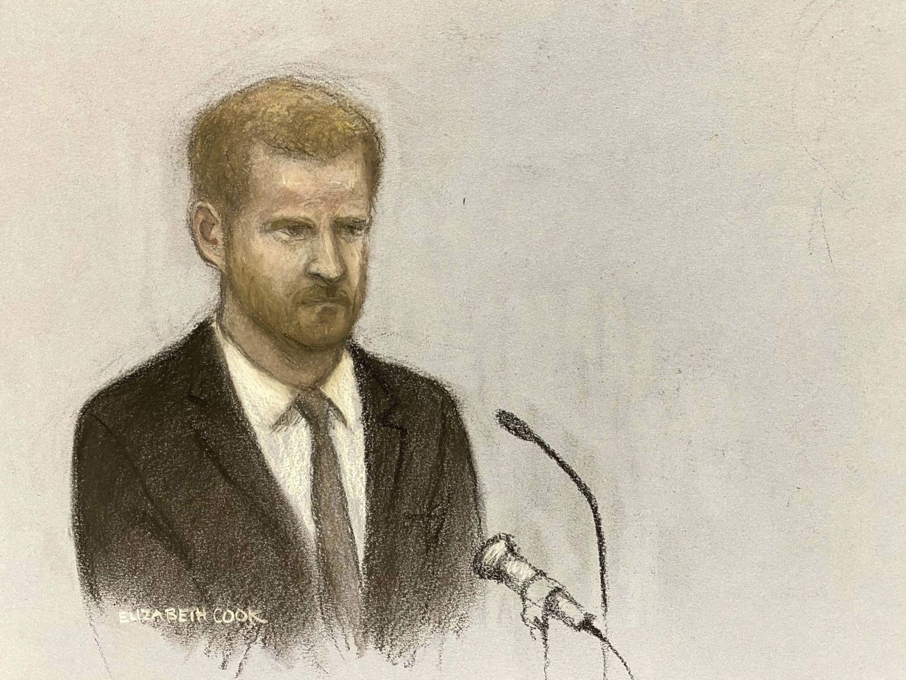 Prince Harry is depicted in a court sketch while giving evidence in London on Tuesday. 