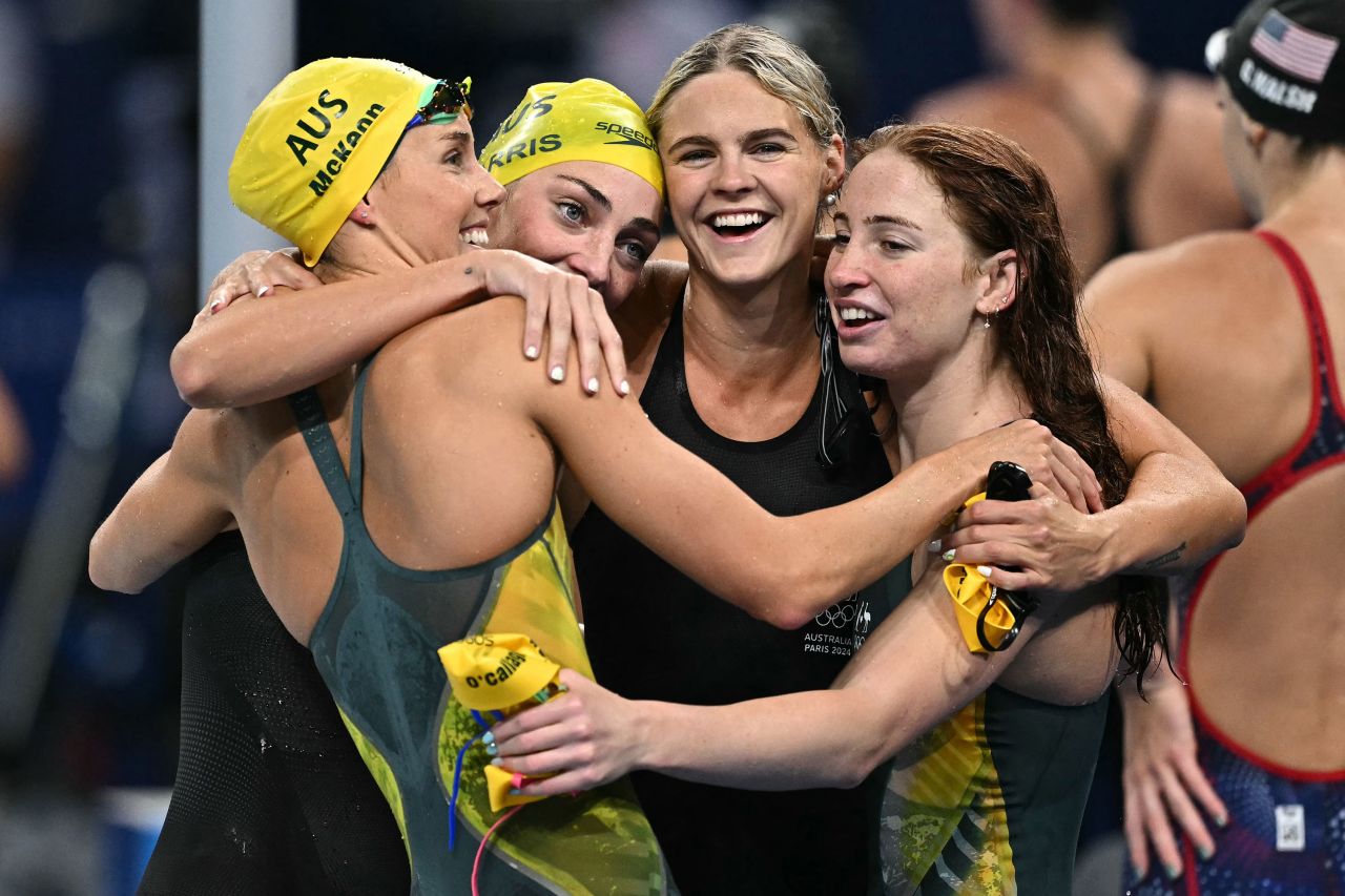 Australia's Emma McKeon, Meg Harris, Shayna Jack and Mollie O'Callaghan celebrate after winning the women's 4x100-meter freestyle relay at La Défense Arena in Nanterre, France, on July 27. 