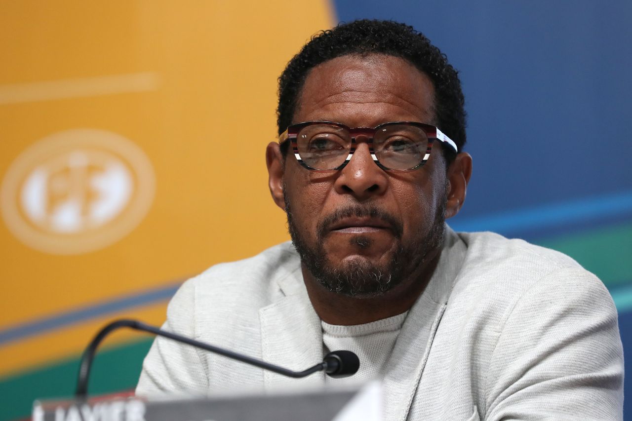 Cuban former Olympic and World Champion Javier Sotomayor speaks during a press conference on October 26, 2023, in Santiago, Chile.