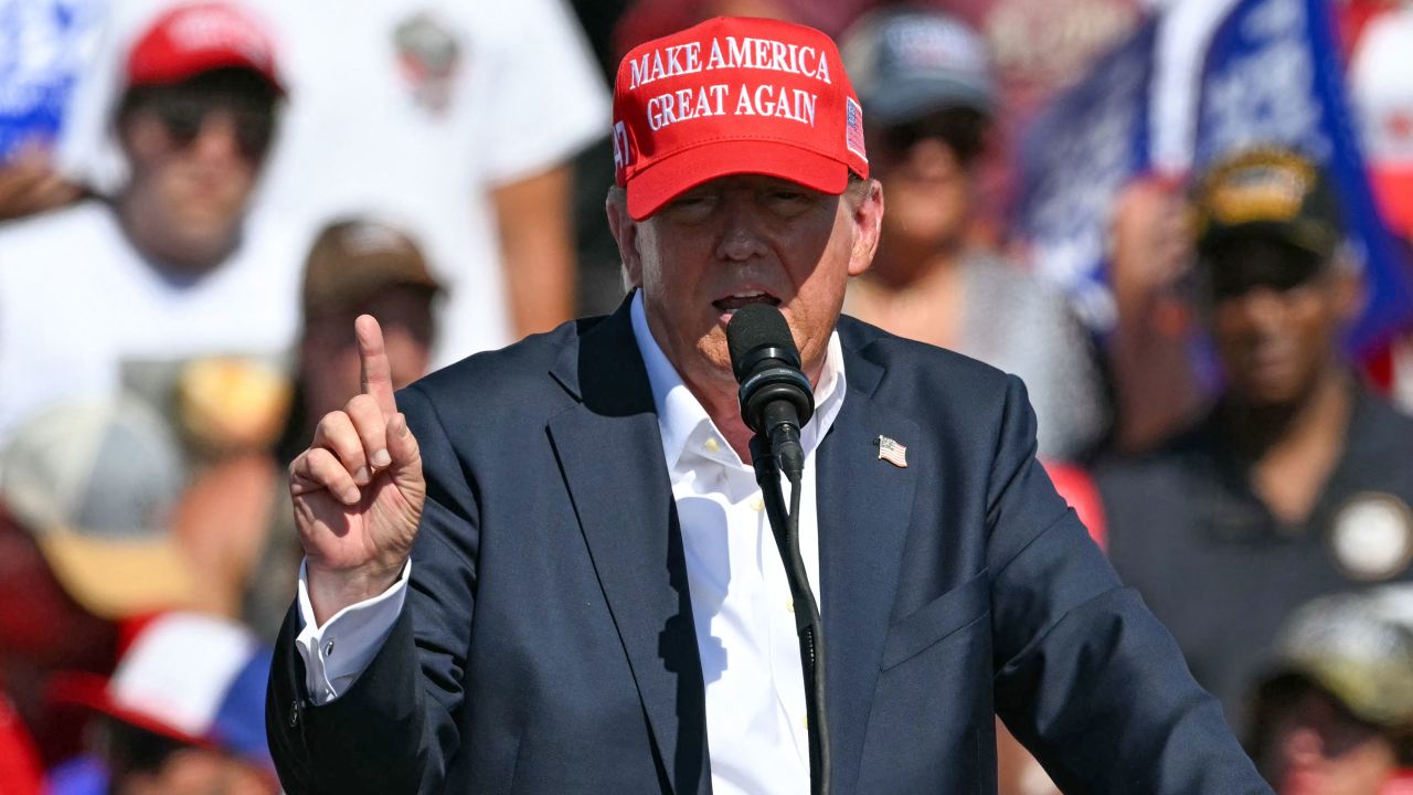 Former President Donald Trump speaks at a campaign rally in Chesapeake, Virginia, on Friday. 