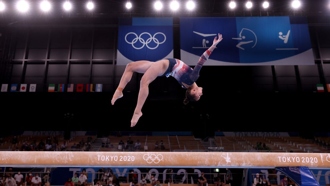 US gymnast Sunisa "Suni" Lee competes on the balance beam during the individual all-around final on Thursday, July 29.