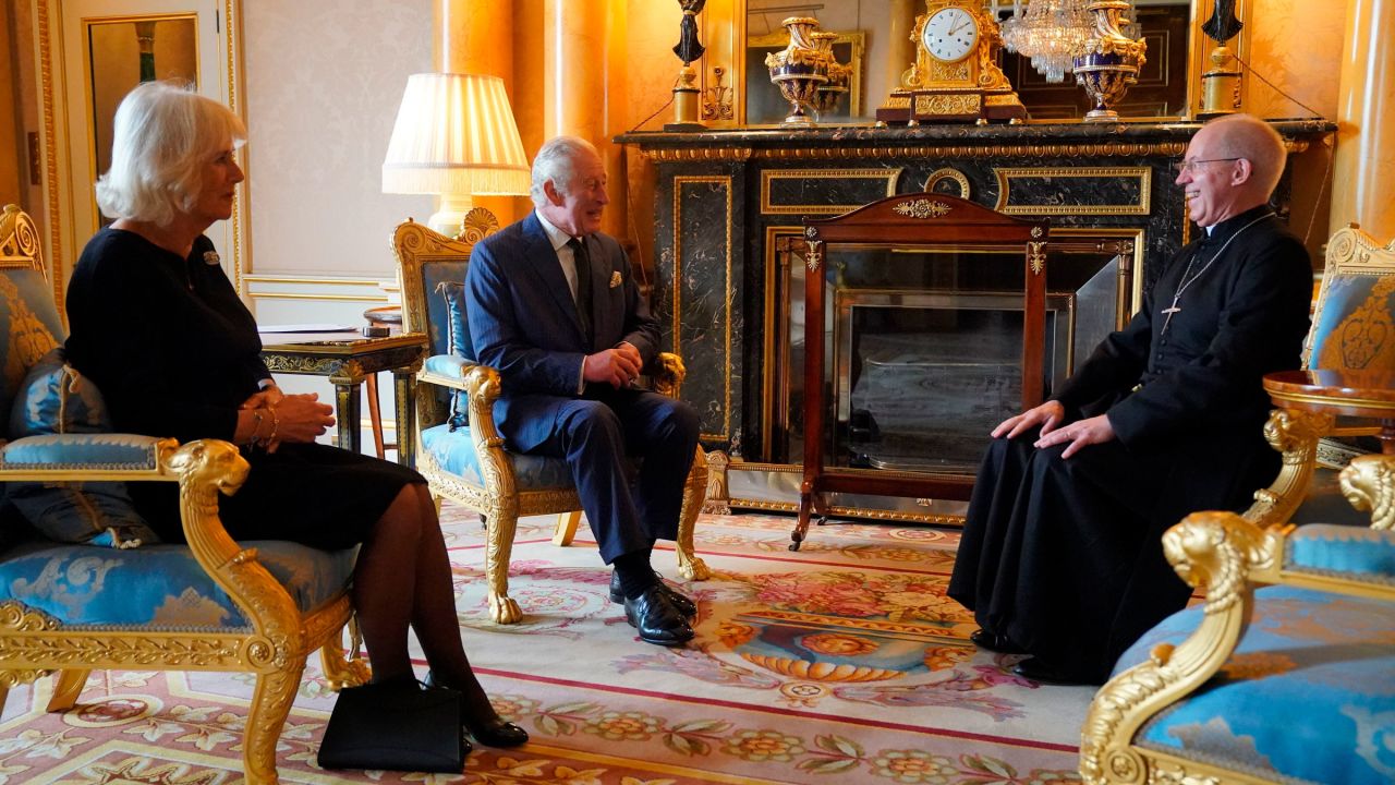 King Charles III and his wife Camilla, the Queen Consort, meet with Archbishop of Canterbury Justin Welby at Buckingham Palace on Saturday.