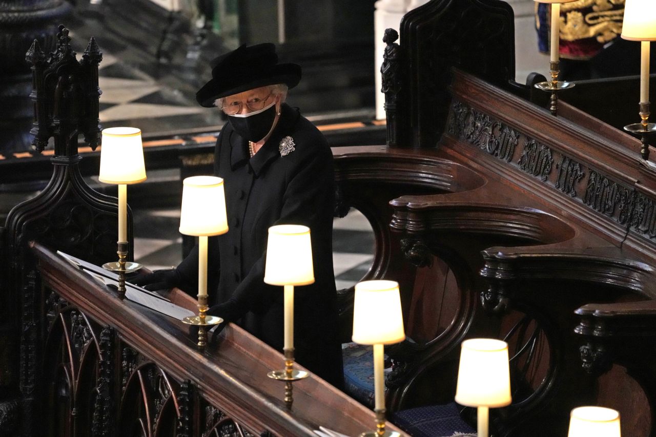 Queen Elizabeth II is pictured during the funeral of her husband, Prince Philip, the Duke of Edinburgh, in St. George's Chapel at Windsor Castle, on Saturday, April 17. 