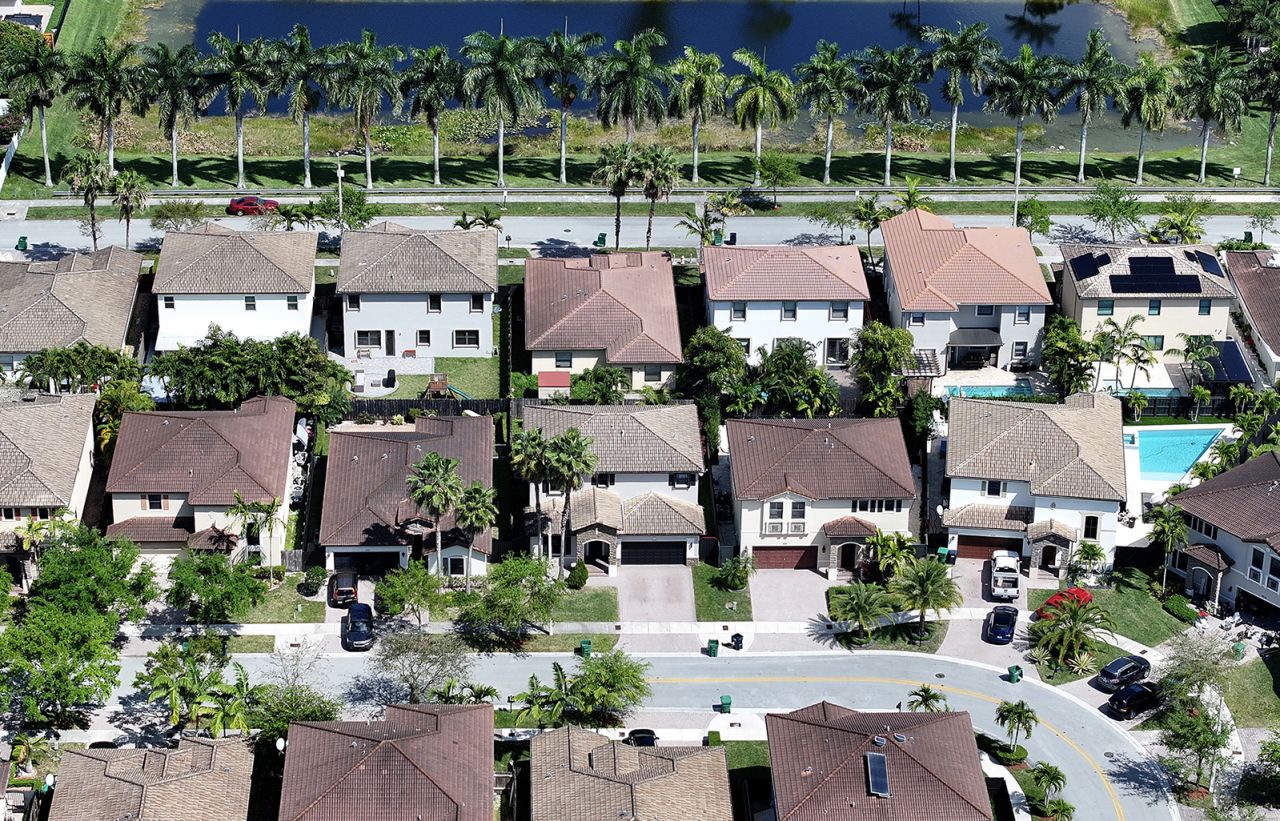  In an aerial view, homes sit on lots in a residential neighborhood on March 15 in Miami, Florida.