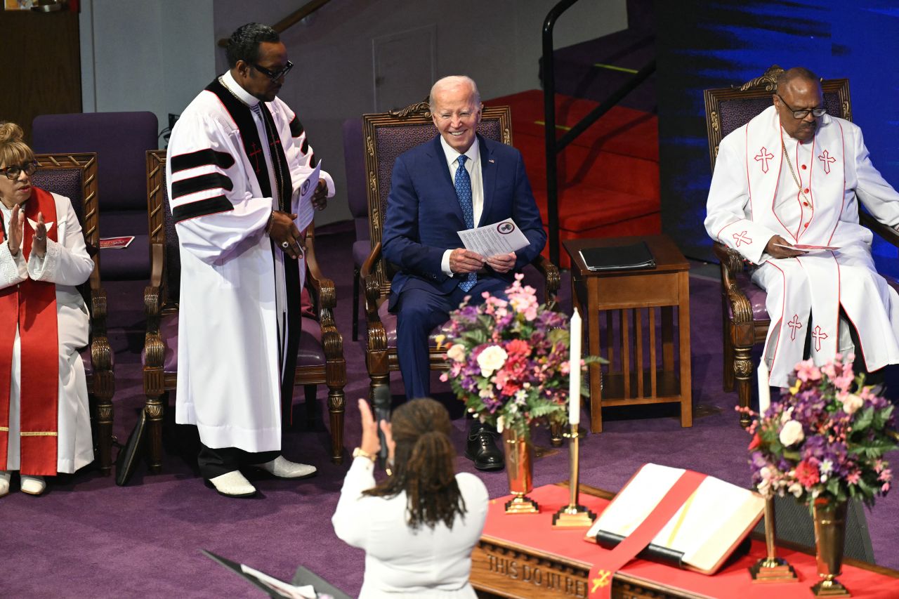 President Joe Biden attends a church service and campaign event at Mount Airy Church of God in Christ in Philadelphia on July 7.