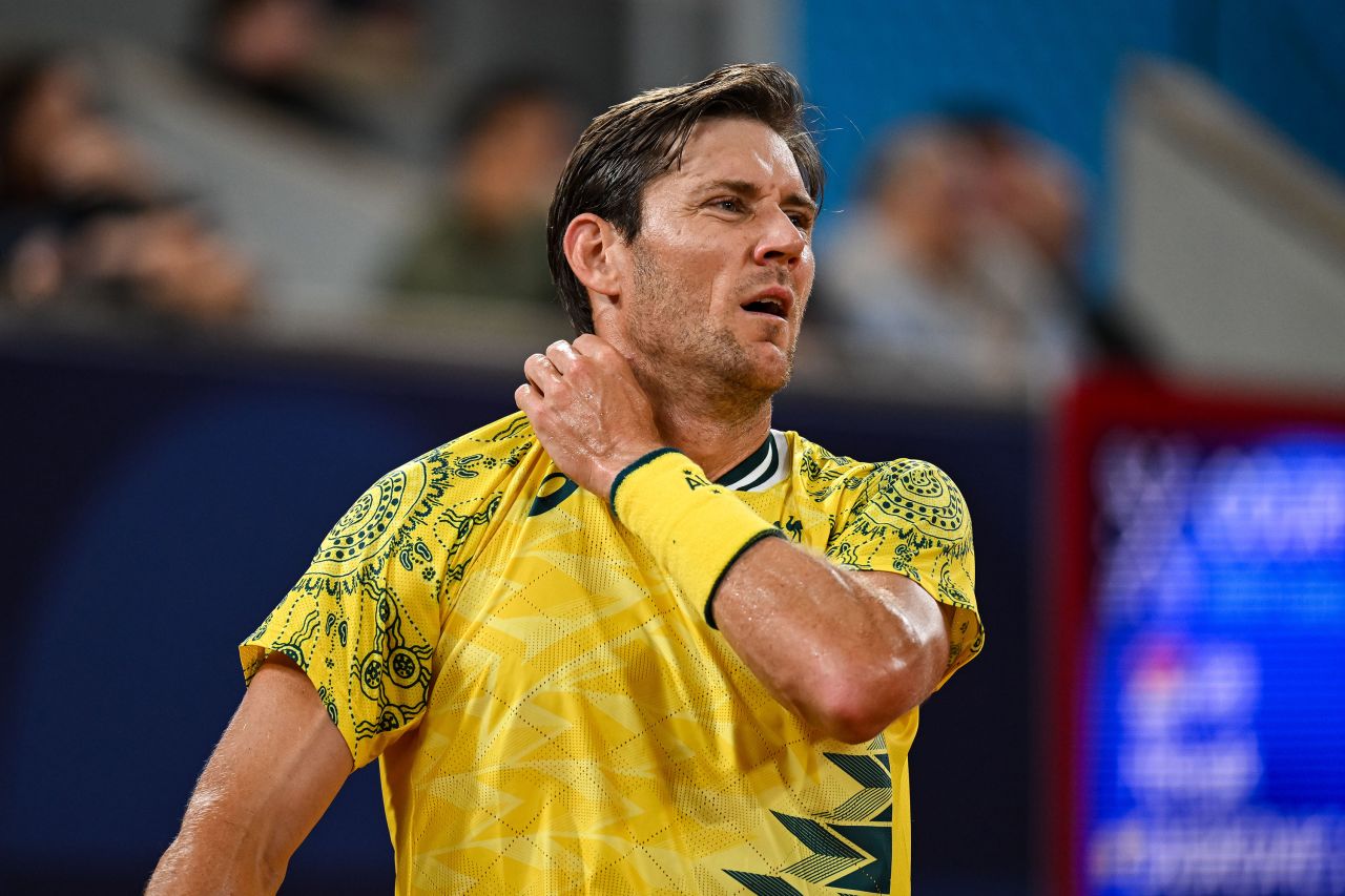 Matthew Ebden of Australia reacts against Novak Djokovic of Serbia in the Men's Singles first round match on day one of the Olympic Games Paris 2024 on July 27.