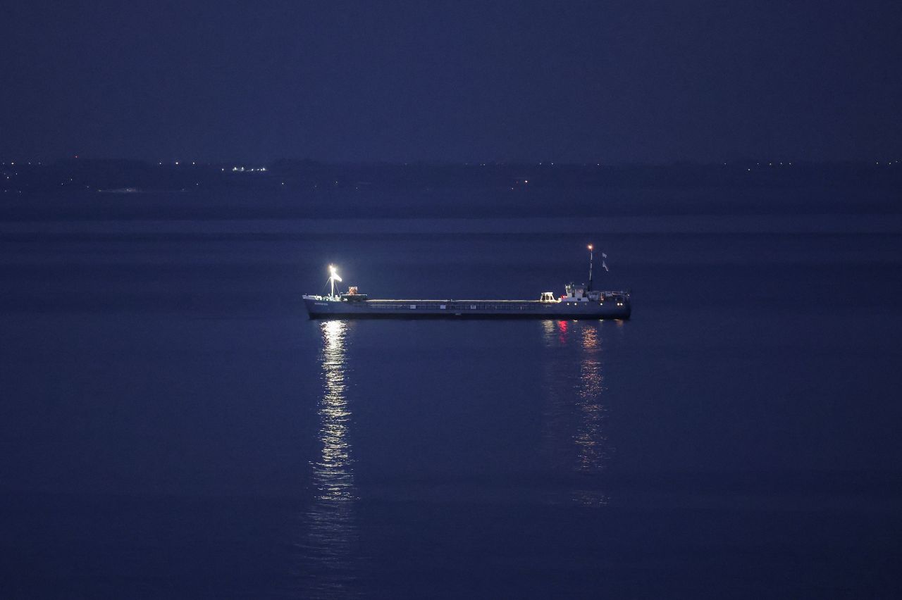 A cargo ship with humanitarian aid approaches the port of Larnaca, Cyprus, on April 3 after pausing the mission of delivering humanitarian aid for Gaza. 