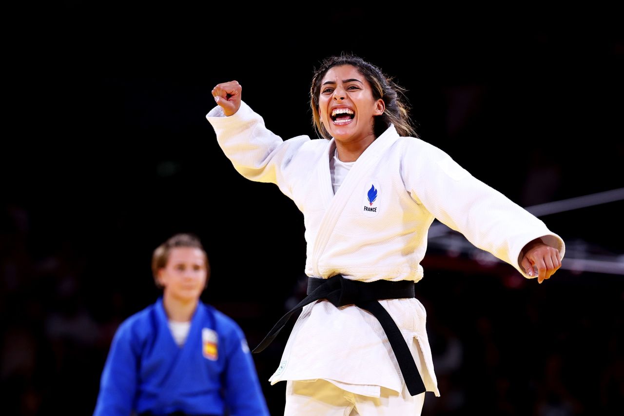 France's Shirine Boukli celebrates winning Bronze of women’s 48 kg judo event on July 27, in Paris, France.