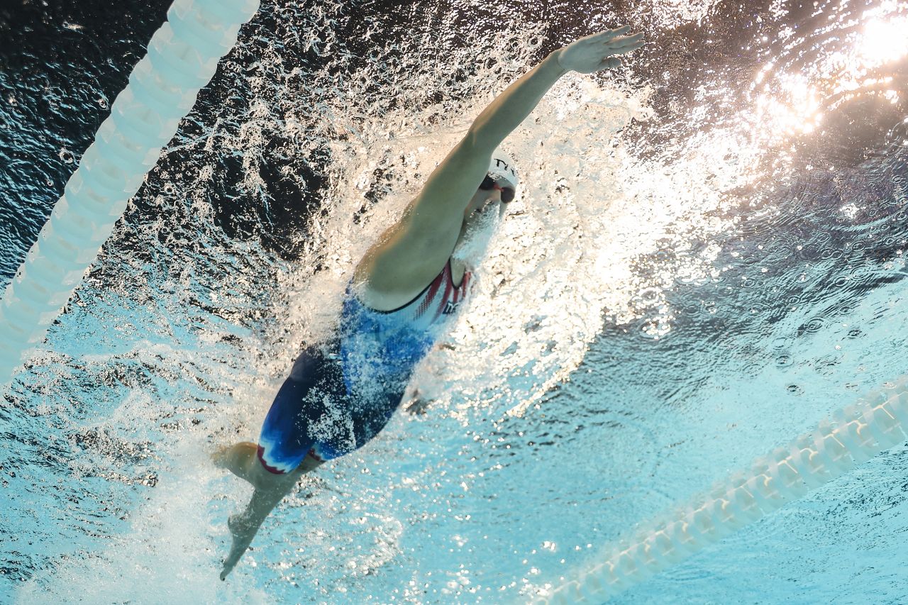 Katie Ledecky of the United States competes in the third heat of the 400-meter freestyle in Nanterre, France, on July 27.