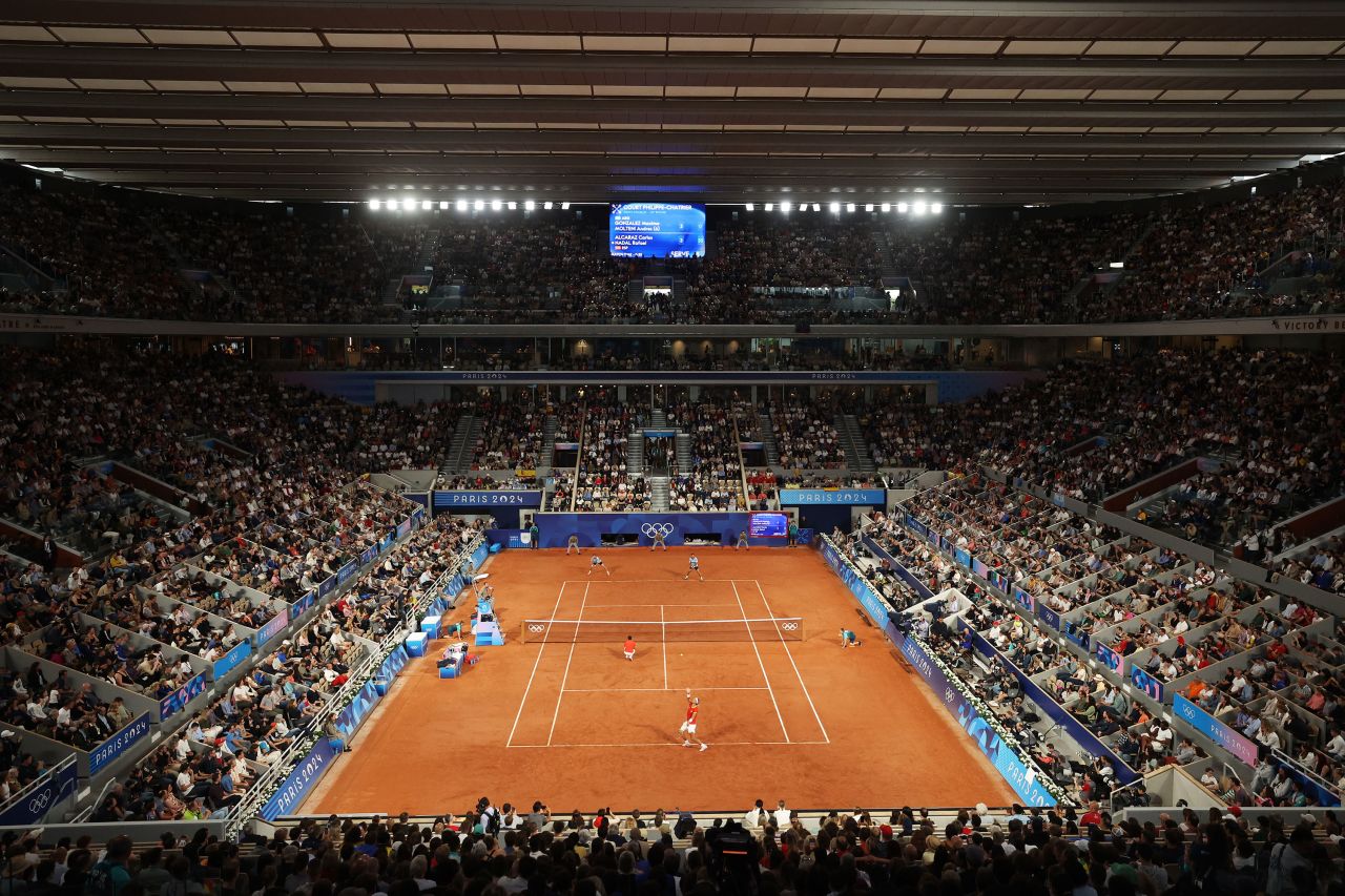 A general view as Rafael Nadal serves. 