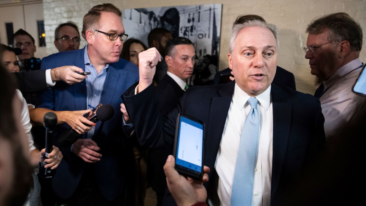 House Majority Leader Steve Scalise speaks with reporters as he leaves a House Republican Conference meeting at the US Capitol on Tuesday.