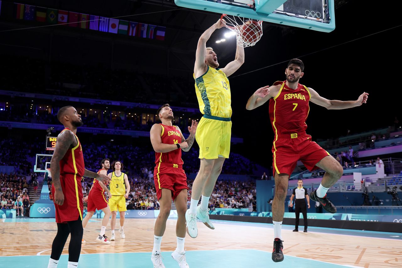 Australia’s Jock Landale drives to the basket during a game against Spain in Lille, France, on July 27.